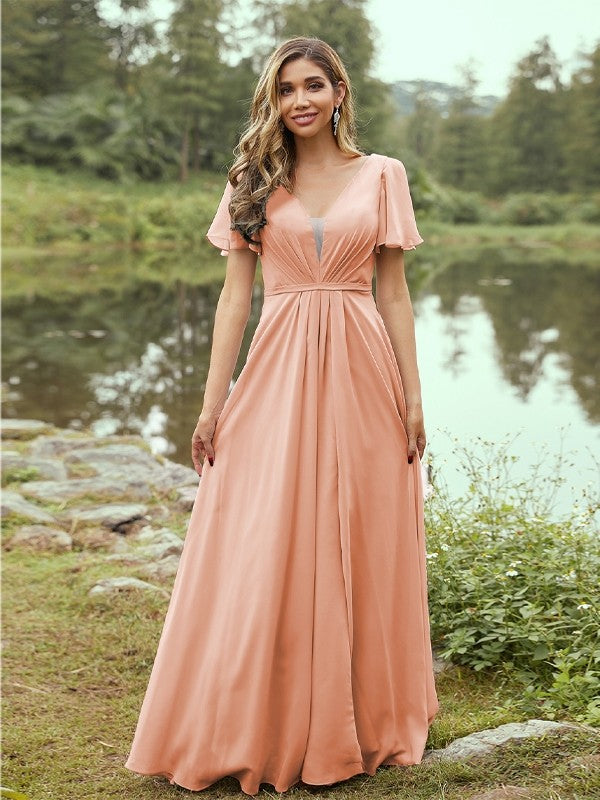 A-Line/Princess Chiffon Ruffles V-neck Short Sleeves Floor-Length Bridesmaid Dresses Evening Prom Dress