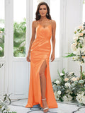 Sheath/Column Silk like Satin Ruched Spaghetti Straps Sleeveless Sweep/Brush Train Bridesmaid Dresses Evening Dress