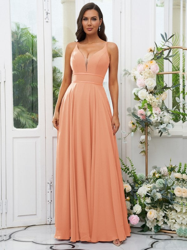 A-Line/Princess Chiffon Ruffles V-neck Sleeveless Floor-Length Bridesmaid Dresses Evening Prom Dress