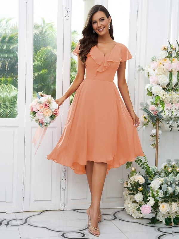 Vestido de dama de honor asimétrico de corte A/princesa, de gasa, con volantes, escote en V y mangas cortas, ideal para invitadas de boda y graduación.
