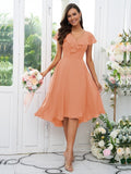 Vestido de dama de honor asimétrico de corte A/princesa, de gasa, con volantes, escote en V y mangas cortas, ideal para invitadas de boda y graduación.