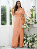 A-Line/Princess Chiffon Ruched V-neck Short Sleeves Floor-Length Bridesmaid Dresses Evening Dress