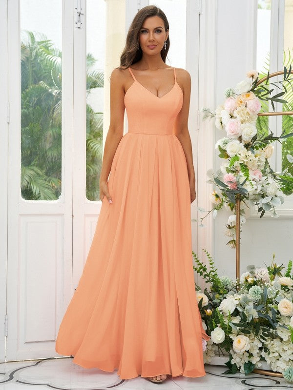 A-Line/Princess Chiffon Ruffles V-neck Sleeveless Floor-Length Bridesmaid Dresses Evening Dress