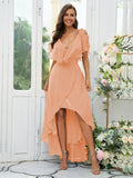 A-Line/Princess Chiffon Ruffles V-neck Short Sleeves Asymmetrical Bridesmaid Dresses Prom Dress