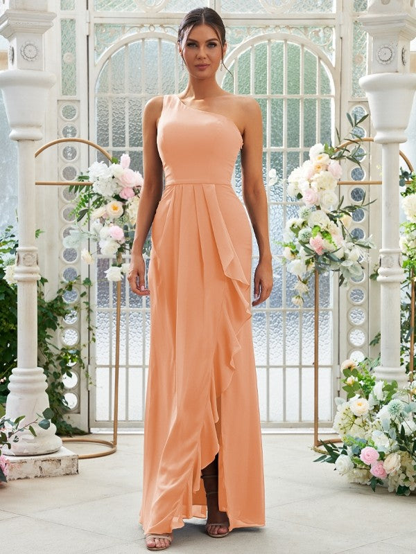 Sheath/Column Chiffon Ruffles One-Shoulder Sleeveless Floor-Length Bridesmaid Dresses Evening Prom Dress