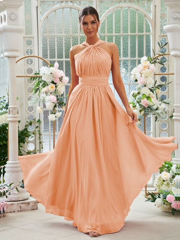 A-Linie/Princess-Linie Chiffon Rüschen Neckholder Ärmellos Bodenlang Brautjungfernkleider Abendkleid