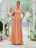 A-Line/Princess Chiffon Ruffles V-neck Short Sleeves Floor-Length Bridesmaid Dresses Evening Prom Dress