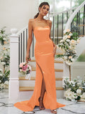 Sheath/Column Silk like Satin Ruched Square Sleeveless Sweep/Brush Train Bridesmaid Dresses Evening Dress