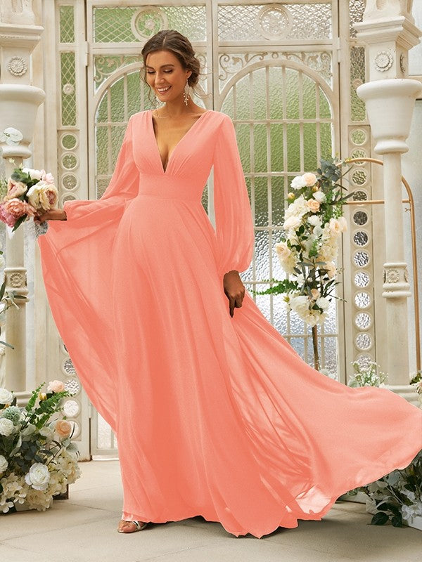 Vestido de dama de honor de corte A/princesa, de gasa, con volantes, escote en V, mangas largas y cola larga, vestido para madre de la novia