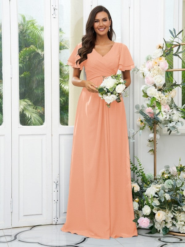 A-Line/Princess Chiffon Ruffles V-neck Short Sleeves Floor-Length Bridesmaid Dresses Evening Dress