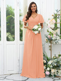 A-Line/Princess Chiffon Ruffles V-neck Short Sleeves Floor-Length Bridesmaid Dresses Evening Dress