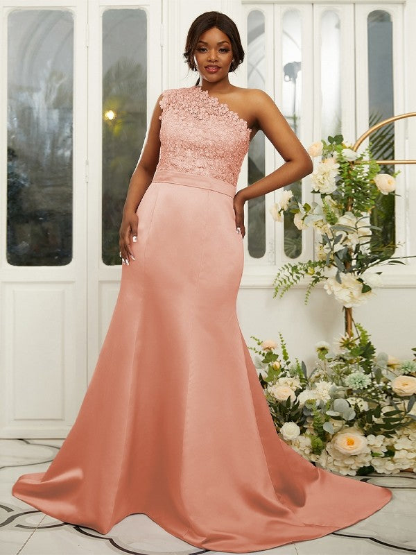 Sheath/Column Satin Lace One-Shoulder Sleeveless Sweep/Brush Train Bridesmaid Dresses Evening Dress