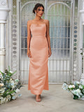 Sheath/Column Satin Ruched Spaghetti Straps Sleeveless Ankle-Length Bridesmaid Dresses Evening Dress