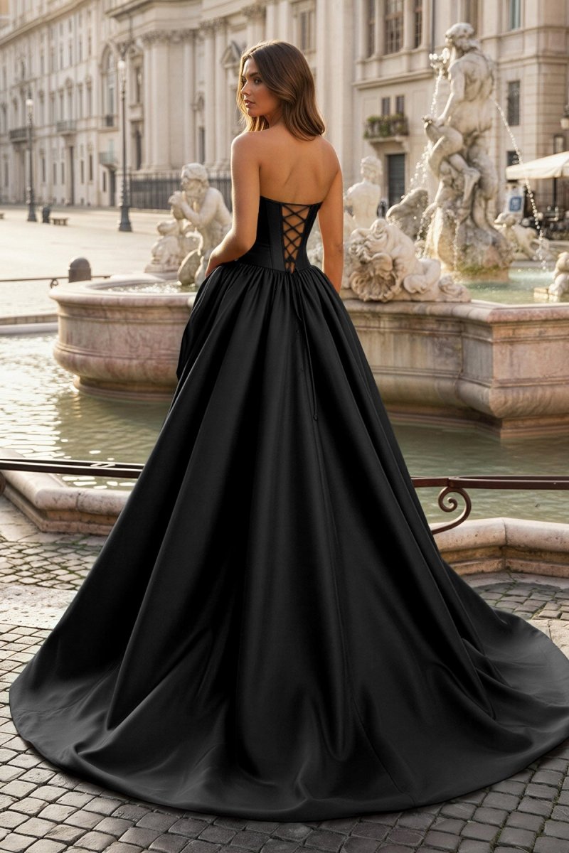Red - Strapless Neck A Line Satin Long Prom Dress With Floral