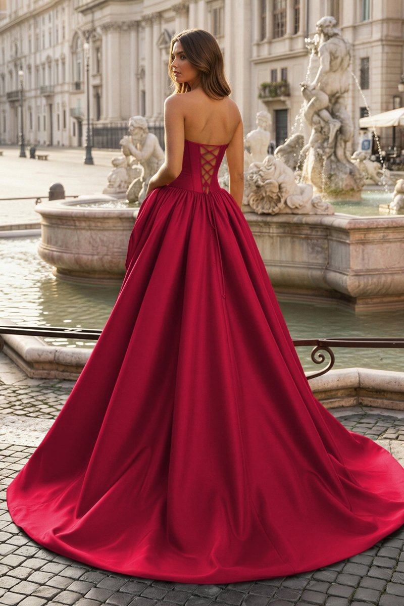 Red - Strapless Neck A Line Satin Long Prom Dress With Floral