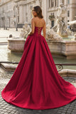 Red - Strapless Neck A Line Satin Long Prom Dress With Floral