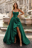 Red - Strapless Neck A Line Satin Long Prom Dress With Floral