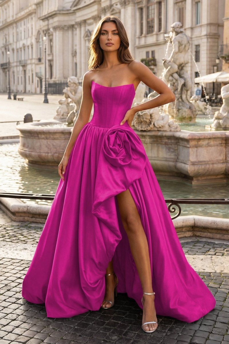 Red - Strapless Neck A Line Satin Long Prom Dress With Floral