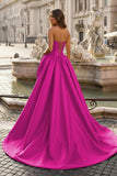 Red - Strapless Neck A Line Satin Long Prom Dress With Floral