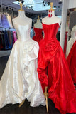 Red - Strapless Neck A Line Satin Long Prom Dress With Floral