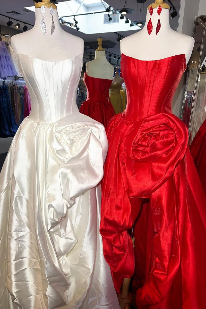 Red - Strapless Neck A Line Satin Long Prom Dress With Floral