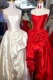 Red - Strapless Neck A Line Satin Long Prom Dress With Floral