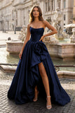 Red - Strapless Neck A Line Satin Long Prom Dress With Floral