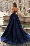 Red - Strapless Neck A Line Satin Long Prom Dress With Floral