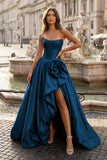 Red - Strapless Neck A Line Satin Long Prom Dress With Floral
