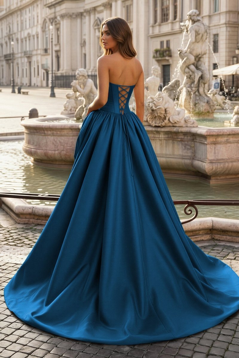 Red - Strapless Neck A Line Satin Long Prom Dress With Floral