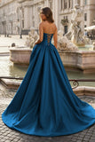 Red - Strapless Neck A Line Satin Long Prom Dress With Floral