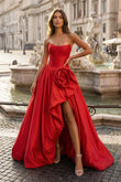 Red - Strapless Neck A Line Satin Long Prom Dress With Floral