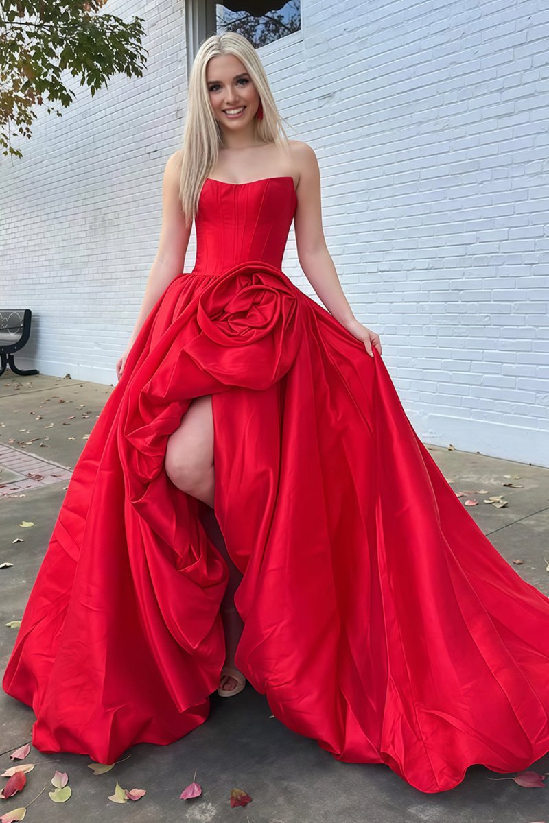 Red - Strapless Neck A Line Satin Long Prom Dress With Floral