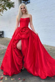 Red - Strapless Neck A Line Satin Long Prom Dress With Floral