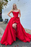 Red - Strapless Neck A Line Satin Long Prom Dress With Floral