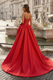 Red - Strapless Neck A Line Satin Long Prom Dress With Floral