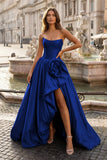 Red - Strapless Neck A Line Satin Long Prom Dress With Floral