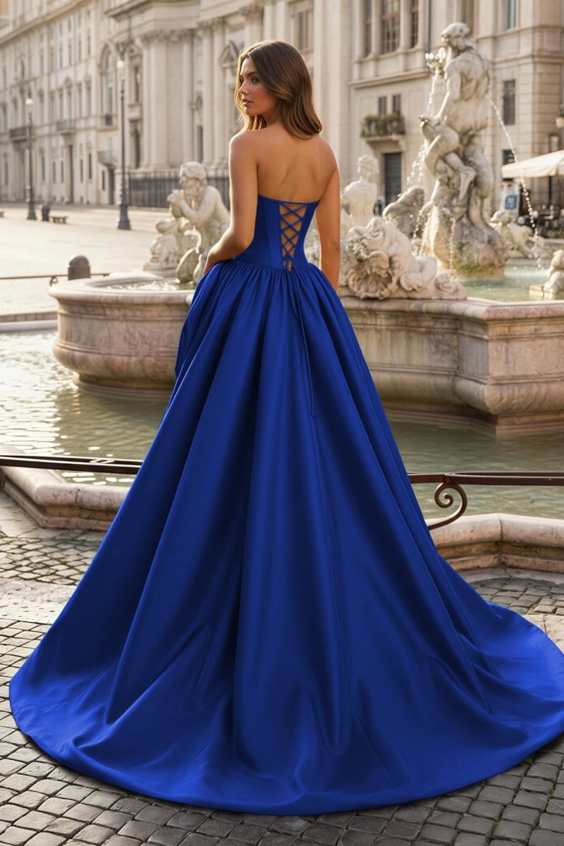 Red - Strapless Neck A Line Satin Long Prom Dress With Floral