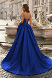 Red - Strapless Neck A Line Satin Long Prom Dress With Floral
