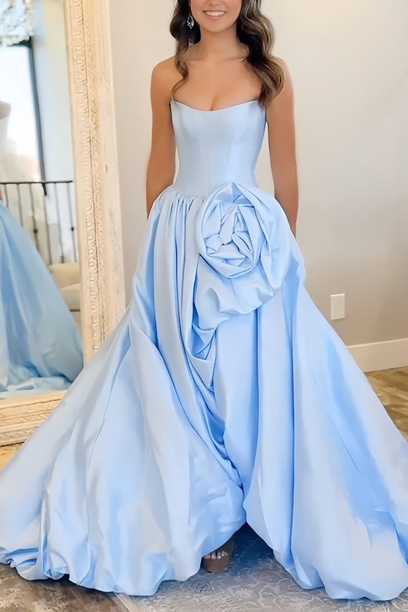 Red - Strapless Neck A Line Satin Long Prom Dress With Floral