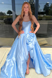 Red - Strapless Neck A Line Satin Long Prom Dress With Floral