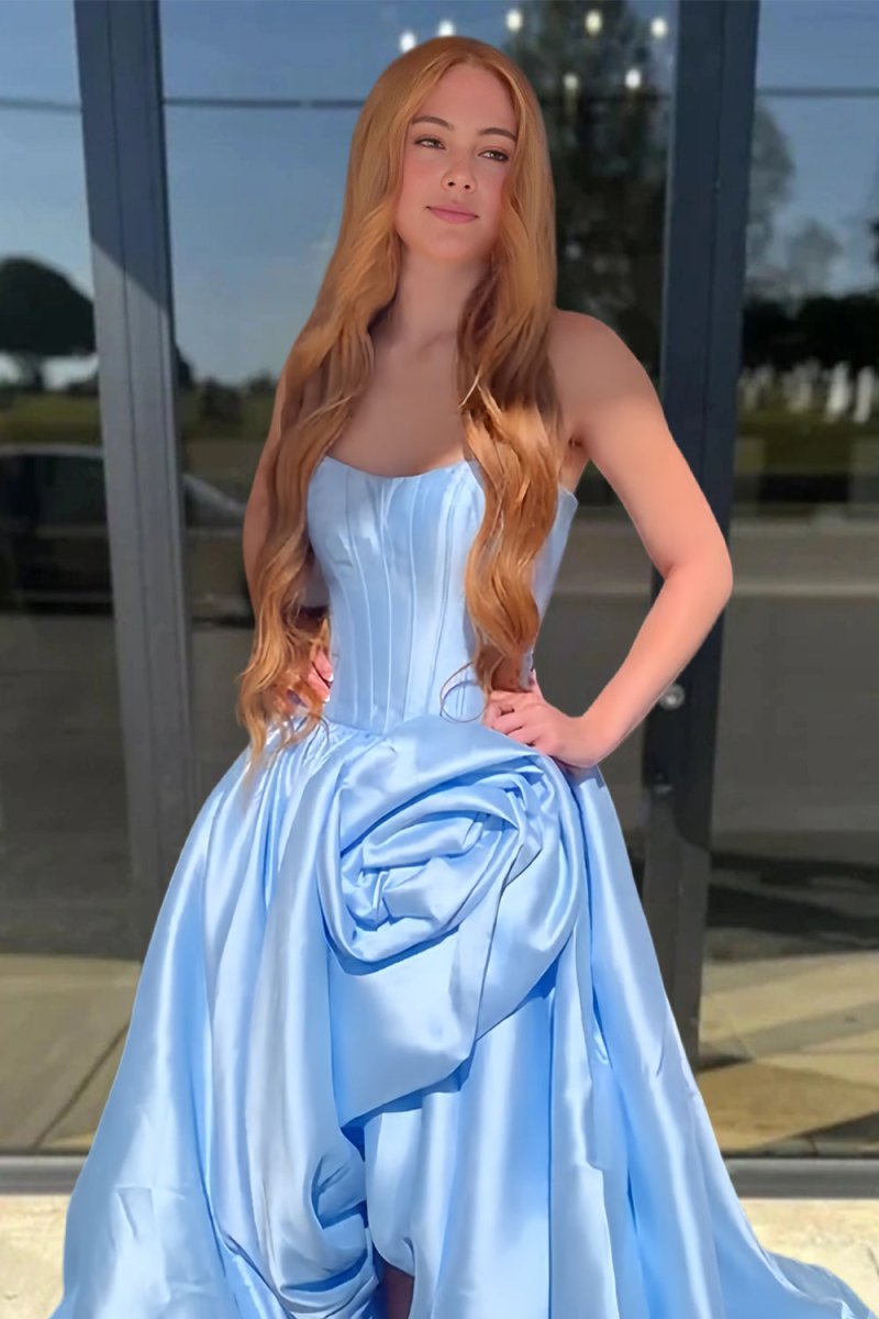 Red - Strapless Neck A Line Satin Long Prom Dress With Floral