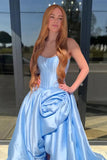 Red - Strapless Neck A Line Satin Long Prom Dress With Floral