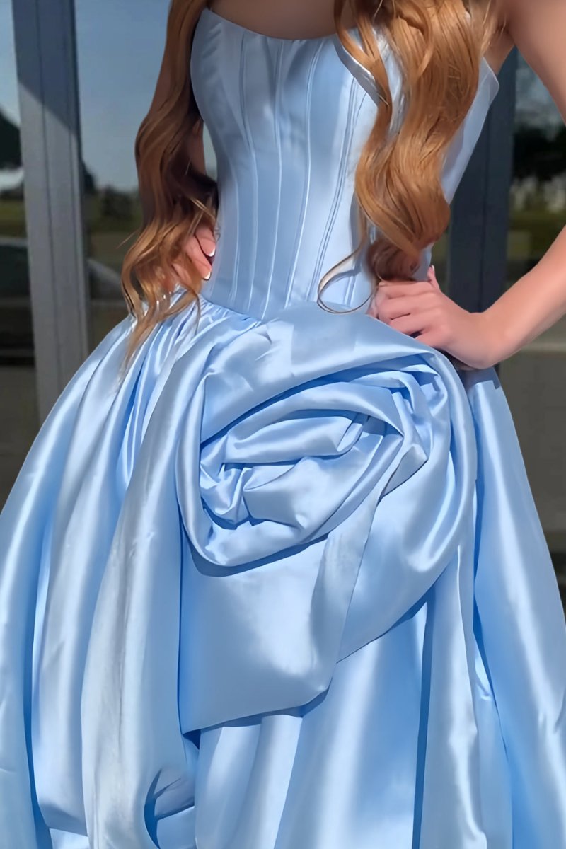 Red - Strapless Neck A Line Satin Long Prom Dress With Floral