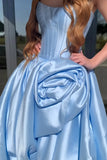 Red - Strapless Neck A Line Satin Long Prom Dress With Floral