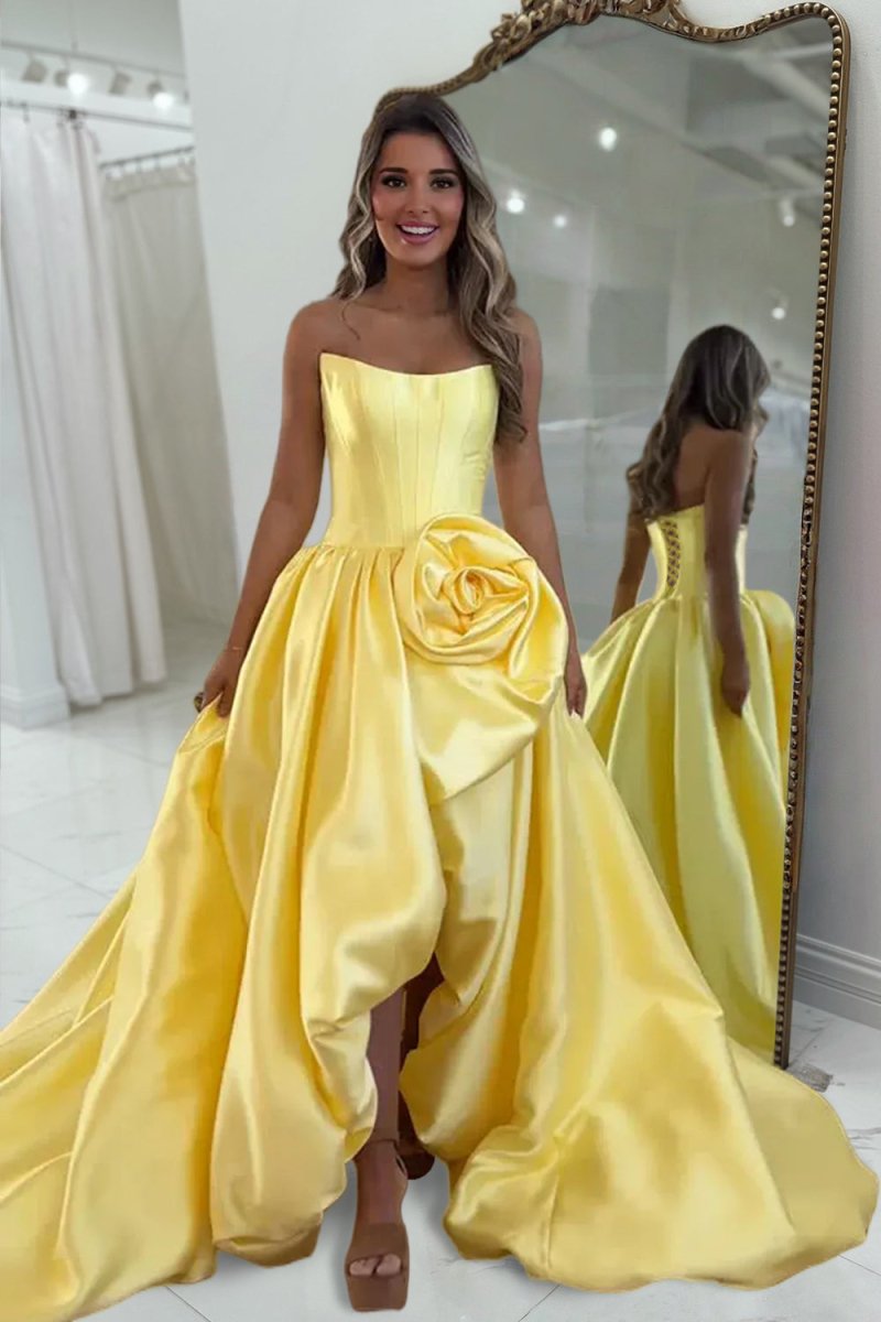 Red - Strapless Neck A Line Satin Long Prom Dress With Floral