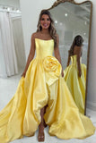 Red - Strapless Neck A Line Satin Long Prom Dress With Floral