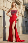 Red Strapless Mermaid Satin Long Prom Dresses with Beading