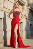 Red Strapless Mermaid Satin Long Prom Dresses with Beading