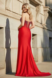 Red Strapless Mermaid Satin Long Prom Dresses with Beading